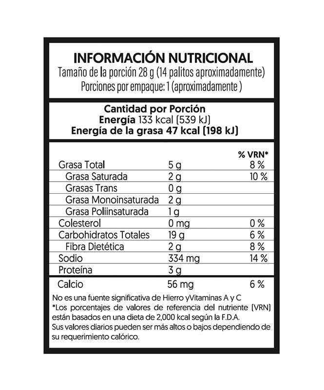 TABLA NUTRICIONAL PALITOS HORNEADOS DE MAÍZ Y YUCA- QUESO EXTREME