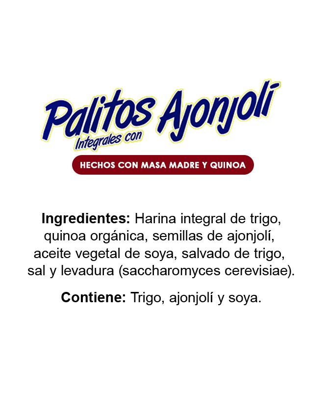 Ingredientes Palitos Integrales con Ajonjolí hecho con Masa Madre y Quinoa