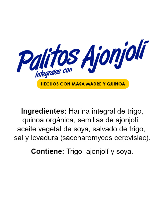 Ingredientes Palitos Integrales con Ajonjolí, hechos con masa madre y quinoa