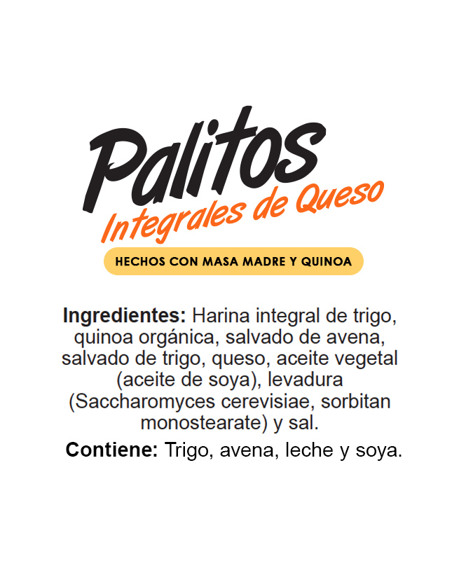 Ingredientes Palitos Integrales de Queso, hechos con masa madre y quinoa