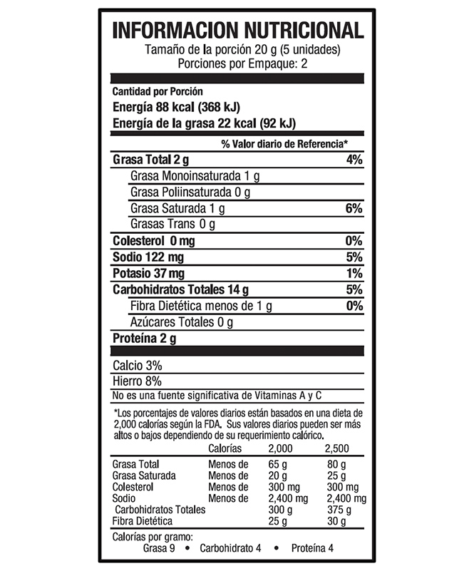 Tabla información nutricional-Palitos Integrales de Pizza